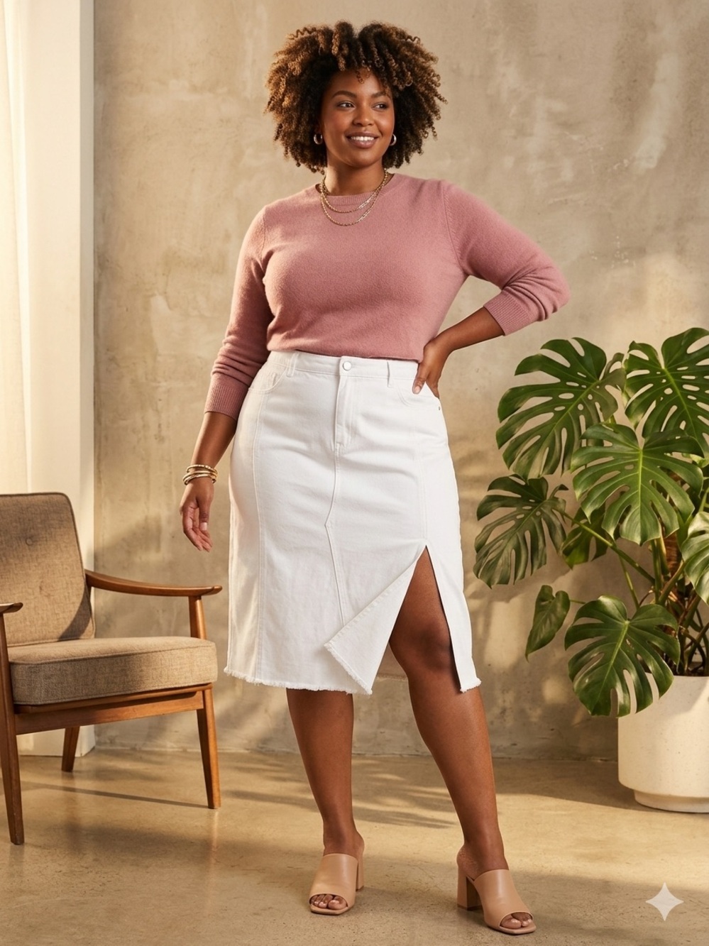 White Frayed Hem Denim Pencil Skirt with Side Split